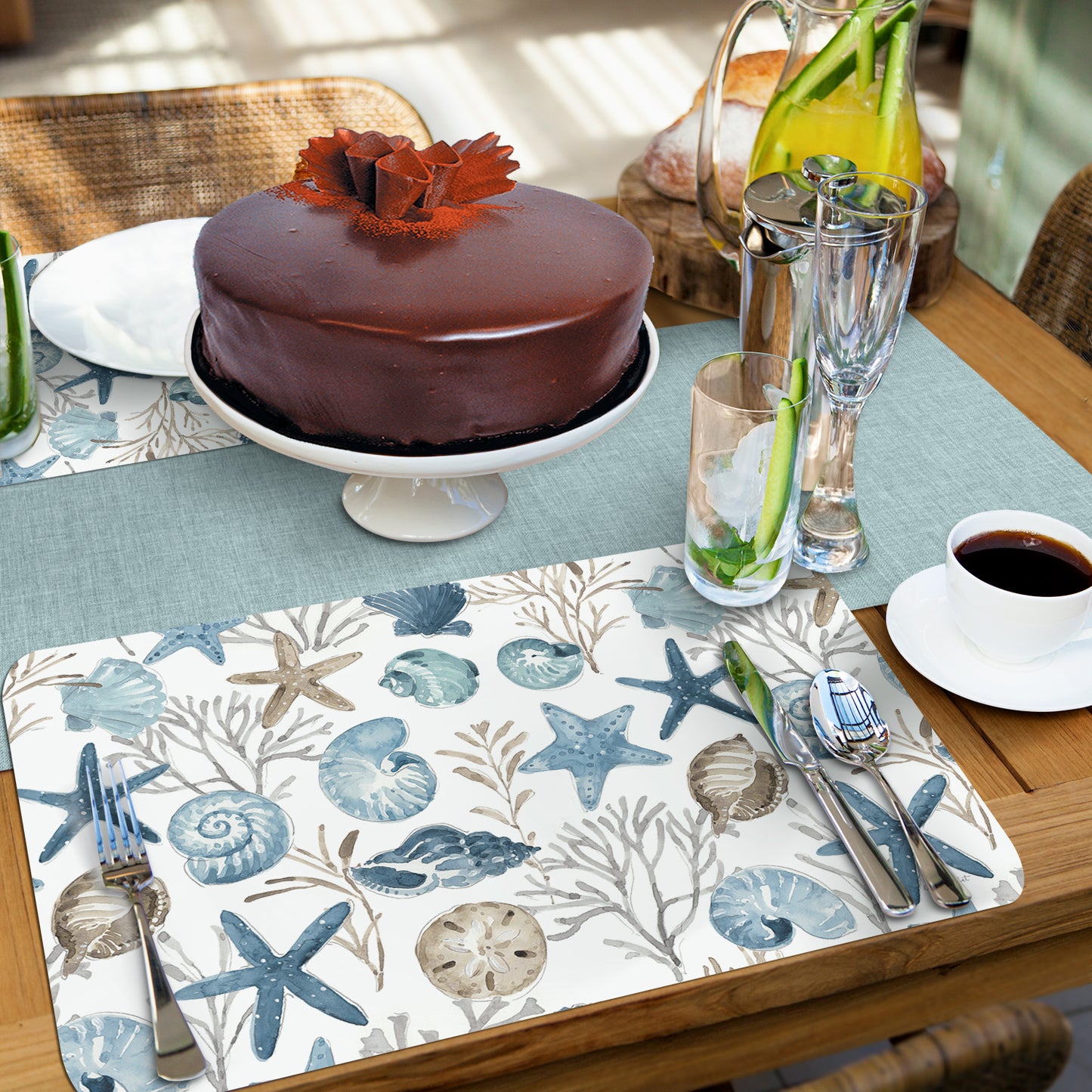 CounterArt Blue Escape Seashells 4 Pack Reversible Easy Care Flexible Placemats Made in the USA