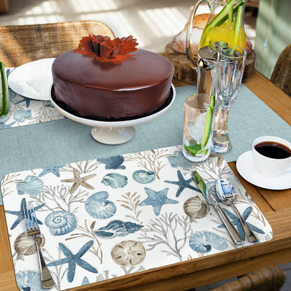 CounterArt Blue Escape Seashells 4 Pack Reversible Easy Care Flexible Placemats Made in the USA