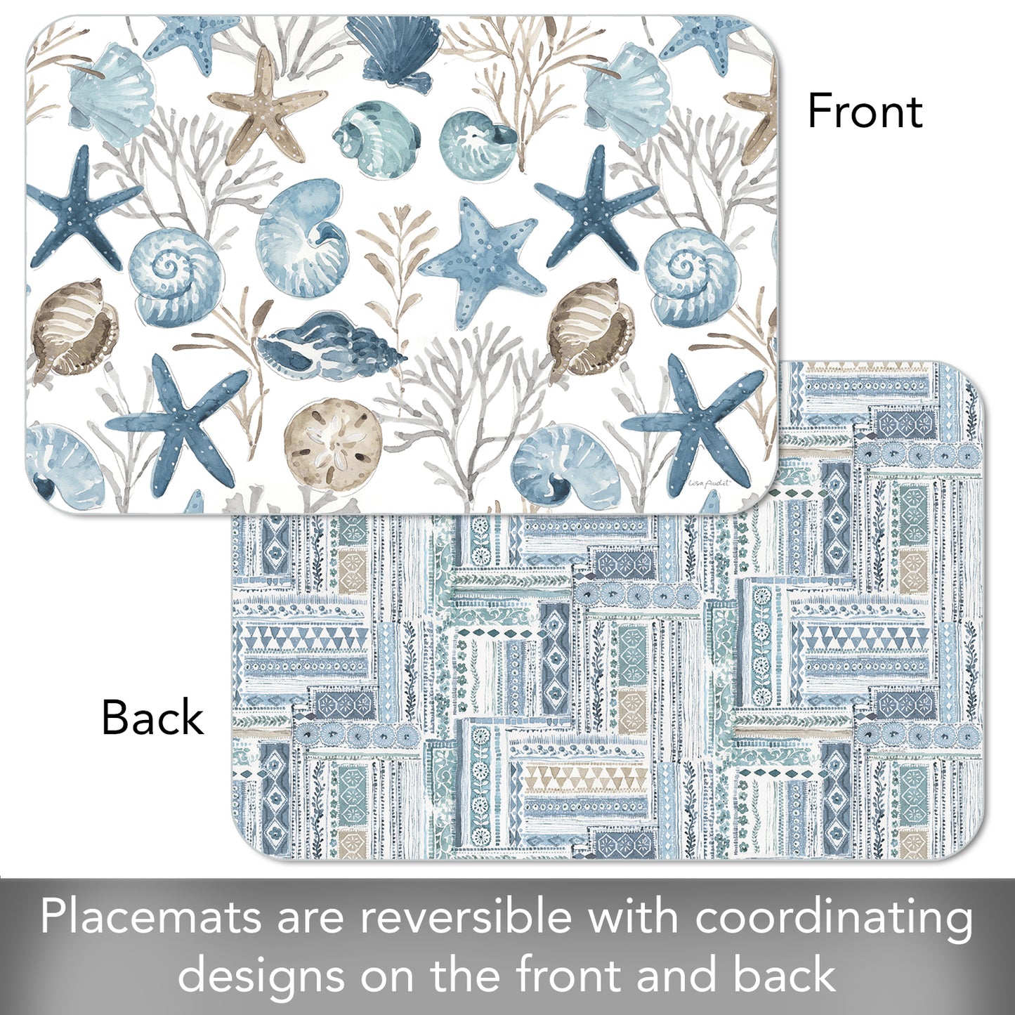 CounterArt Blue Escape Seashells 4 Pack Reversible Easy Care Flexible Placemats Made in the USA
