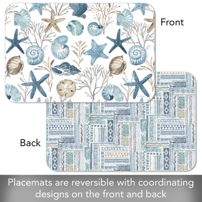 CounterArt Blue Escape Seashells 4 Pack Reversible Easy Care Flexible Placemats Made in the USA