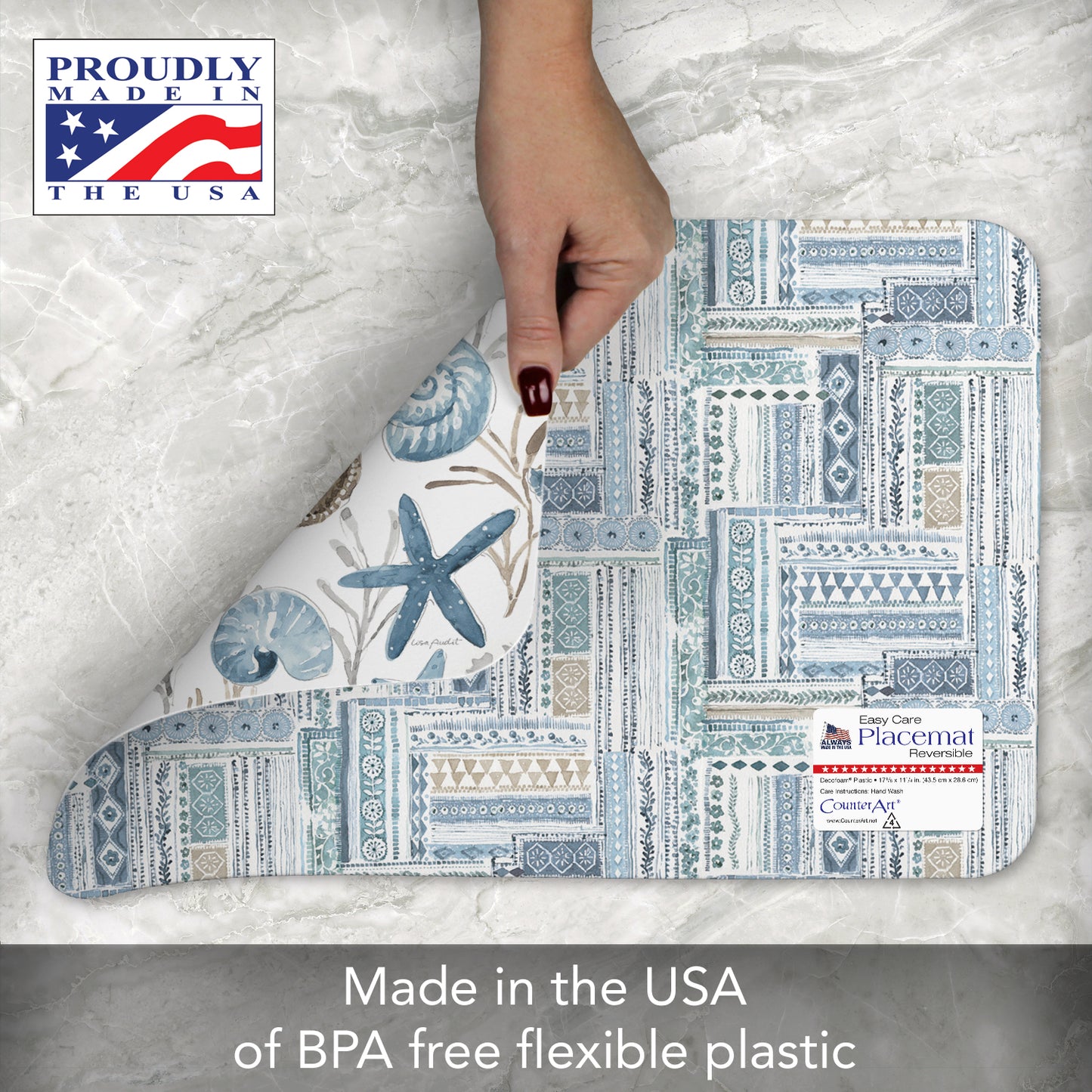 CounterArt Blue Escape Seashells 4 Pack Reversible Easy Care Flexible Placemats Made in the USA