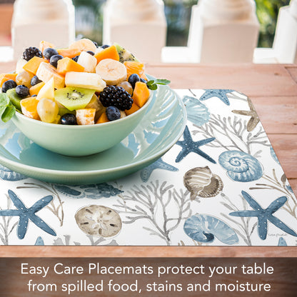 CounterArt Blue Escape Seashells 4 Pack Reversible Easy Care Flexible Placemats Made in the USA