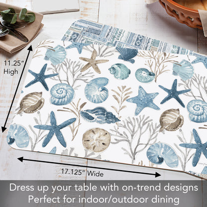 CounterArt Blue Escape Seashells 4 Pack Reversible Easy Care Flexible Placemats Made in the USA