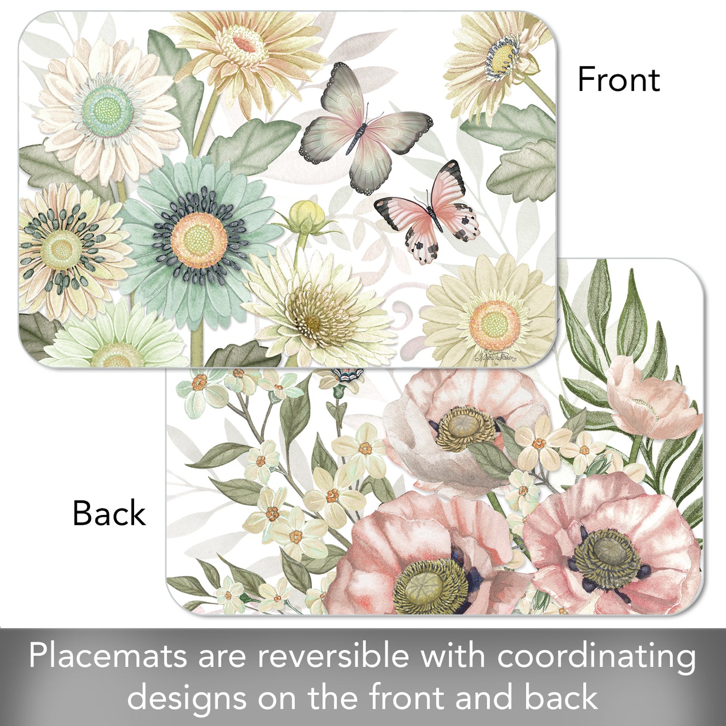CounterArt Butterfly Floral 4 Pack Reversible Easy Care Flexible Placemats Made in the USA