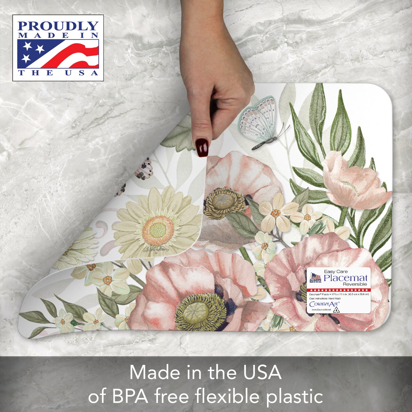 CounterArt Butterfly Floral 4 Pack Reversible Easy Care Flexible Placemats Made in the USA