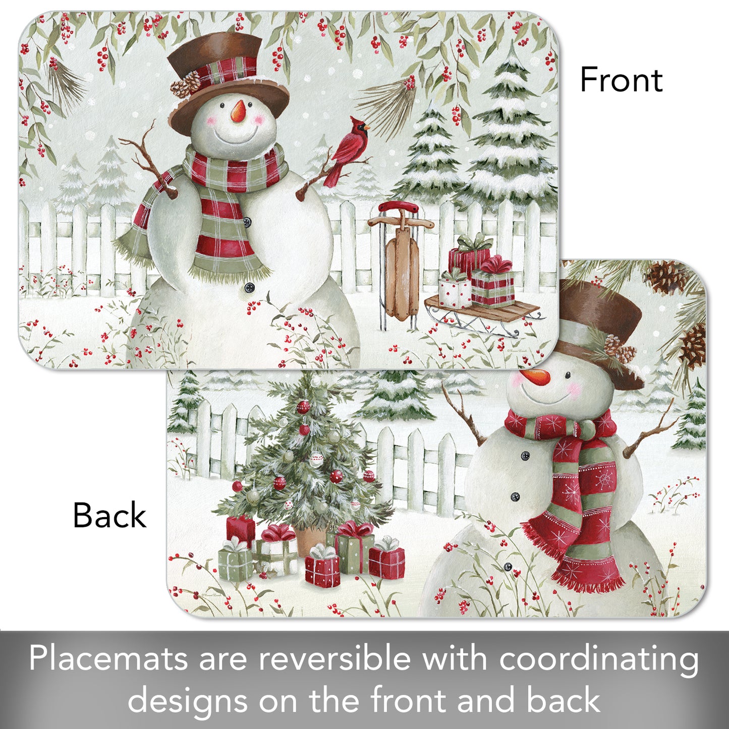 CounterArt Brown Hat Snowman 4 Pack Reversible Easy Care Placemats Made in the USA