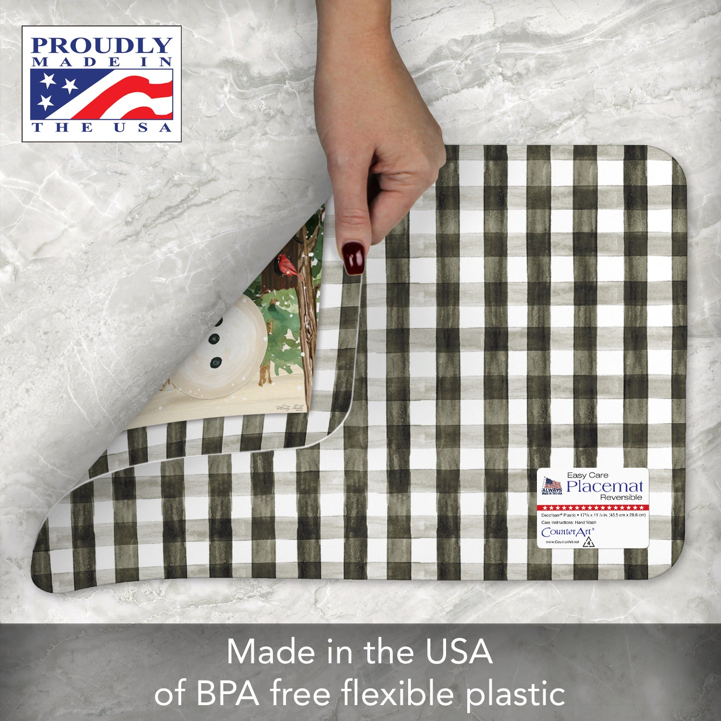 CounterArt Plaid Snowman 4 Pack Reversible Easy Care Placemats Made in the USA