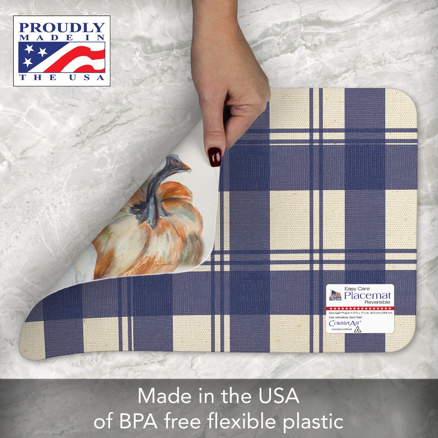 CounterArt Pumpkin Blues 4 Pack Reversible Easy Care Placemats Made in the USA