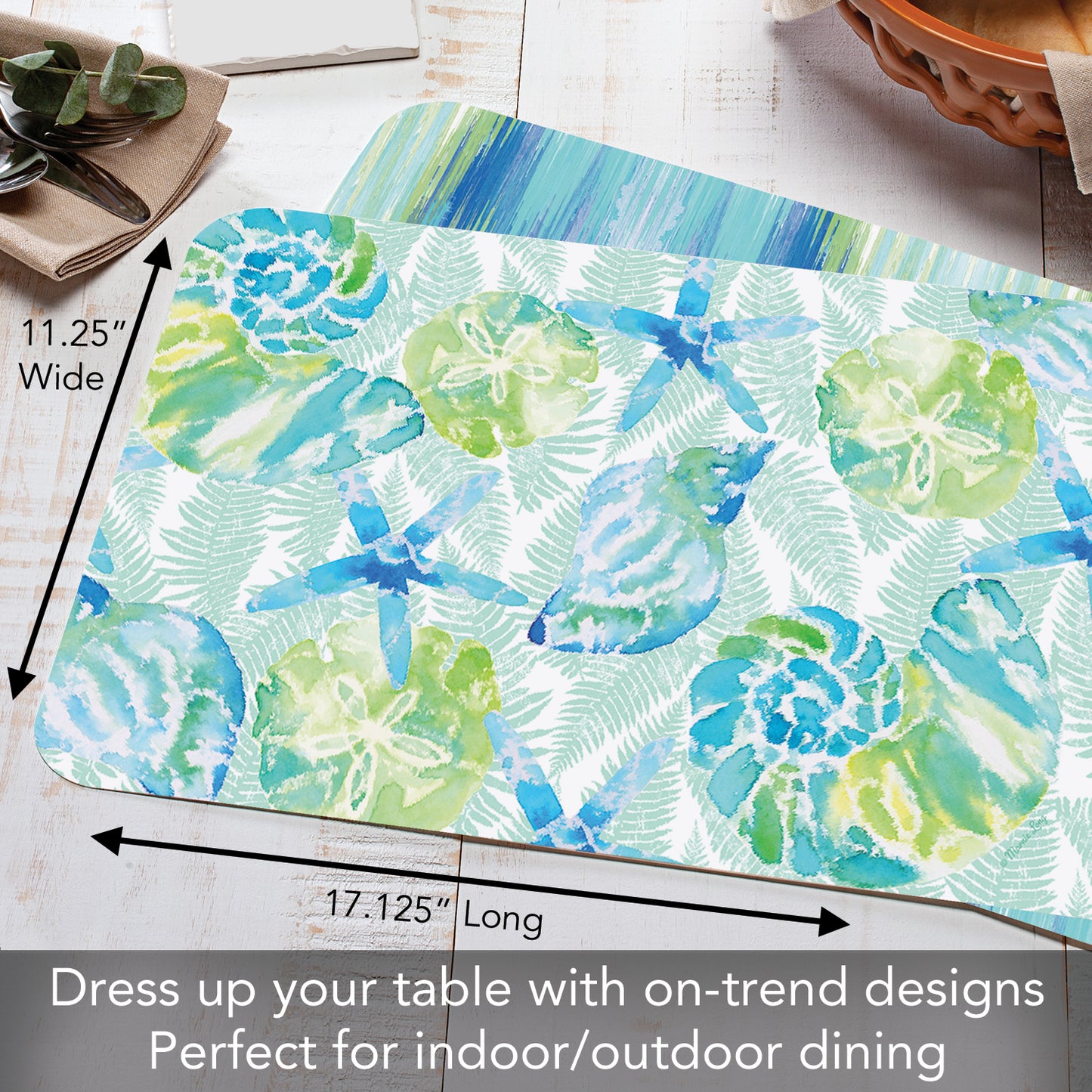 CounterArt Isla Mona Coastal 4 Pack Reversible Easy Care Flexible Placemats Made in the USA