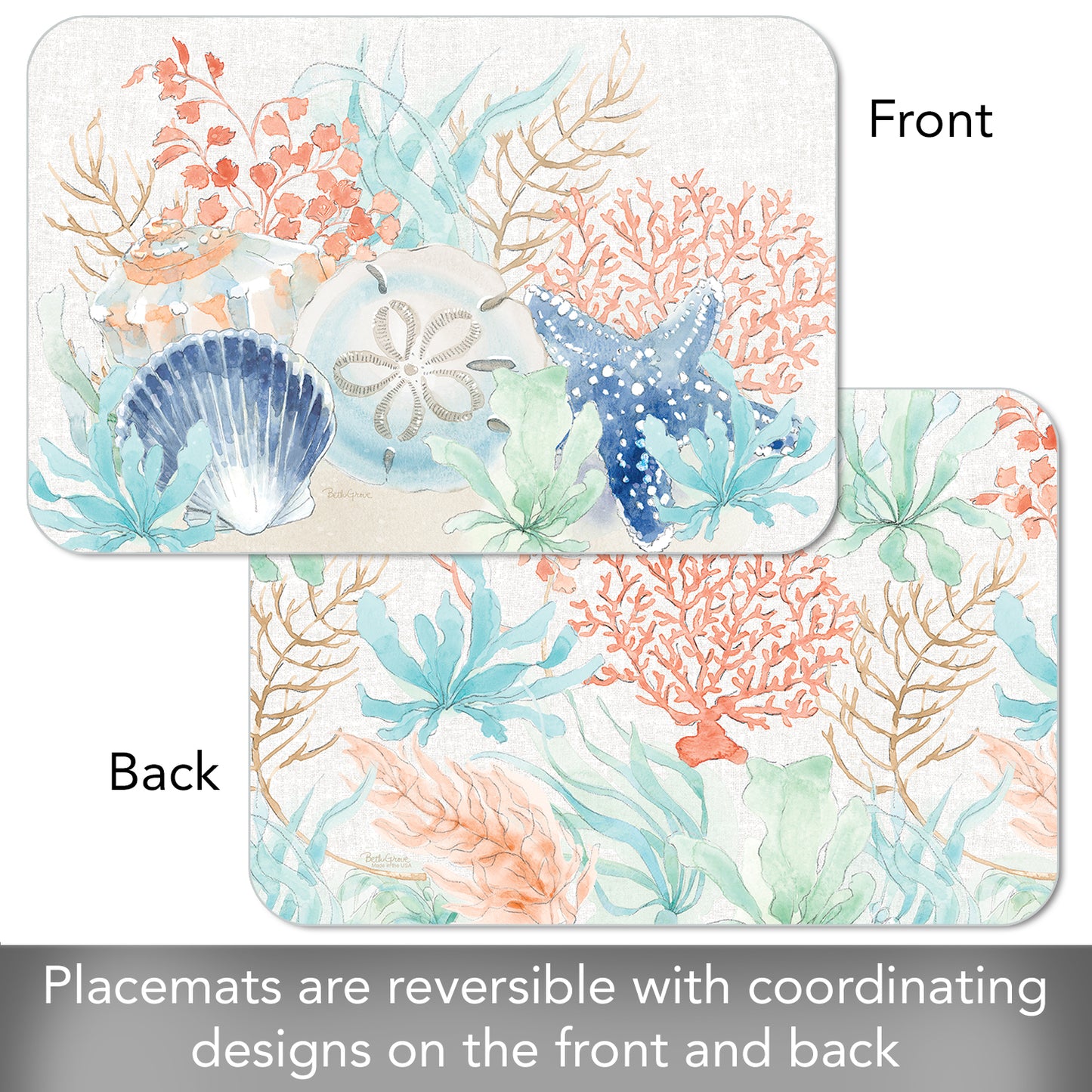 CounterArt Seaside 4 Pack Reversible Easy Care Flexible Plastic Placemats 4 Pack Made in the USA