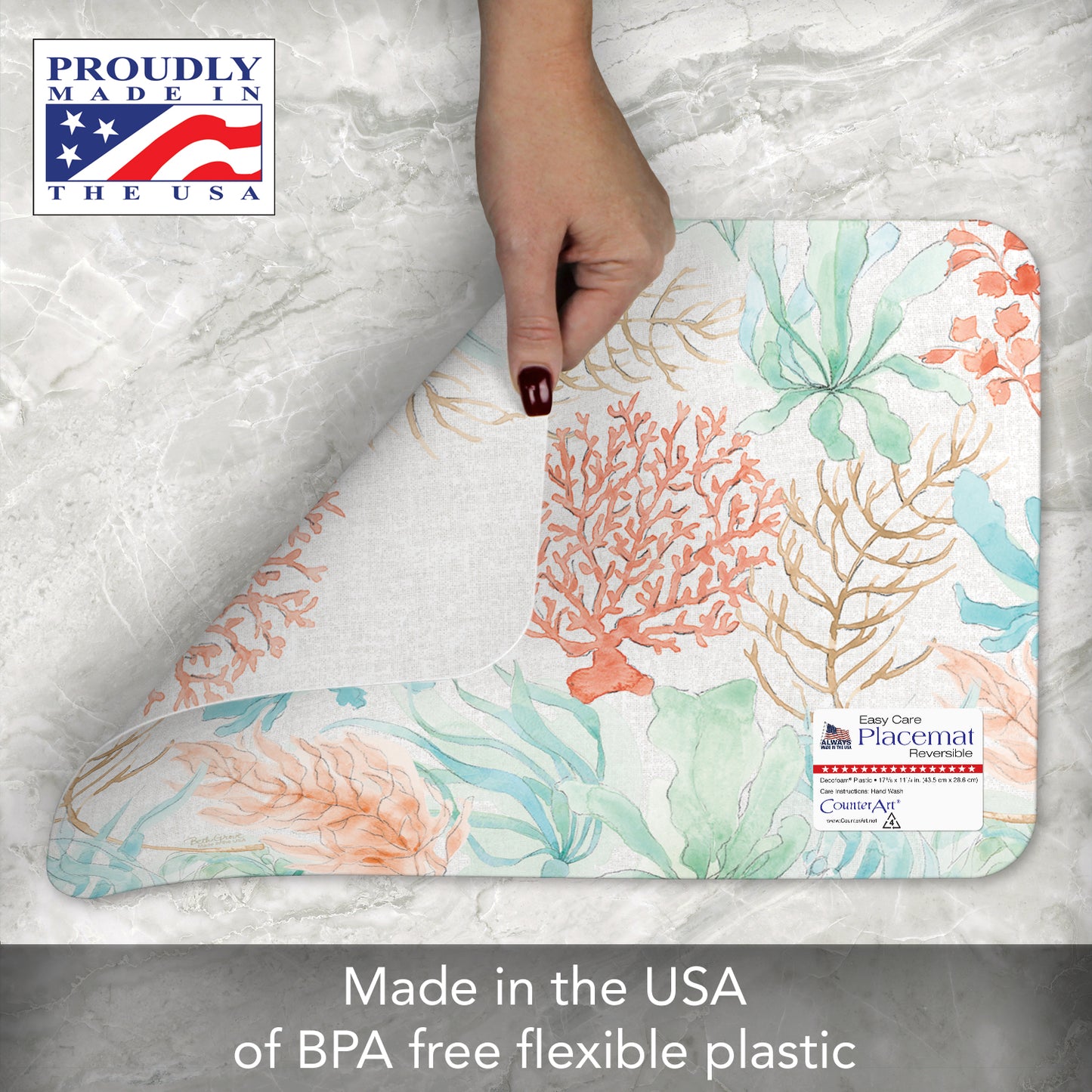CounterArt Seaside 4 Pack Reversible Easy Care Flexible Plastic Placemats 4 Pack Made in the USA