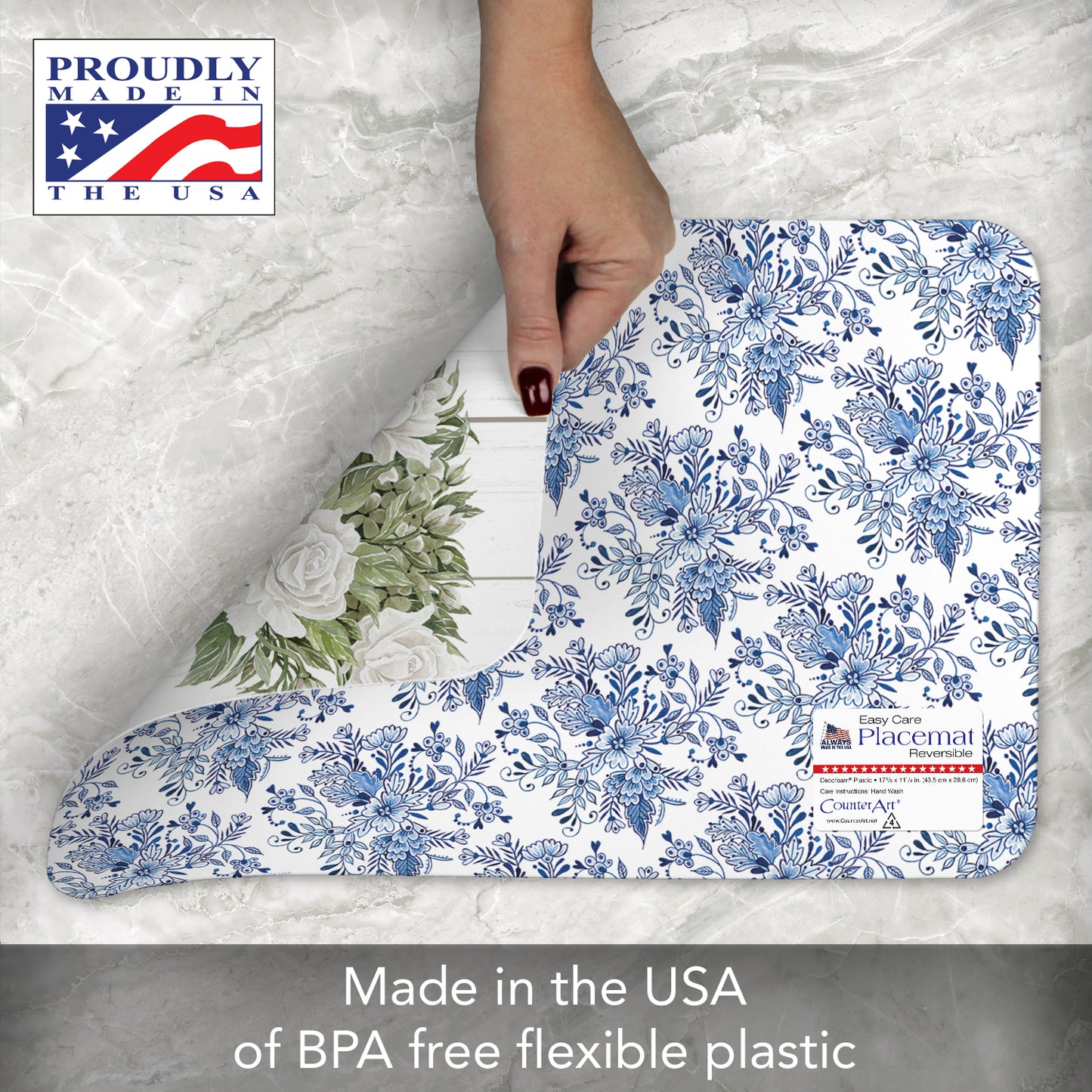 CounterArt Blue & White Pottery 4 Pack Reversible Easy Care Flexible Placemats Made in the USA
