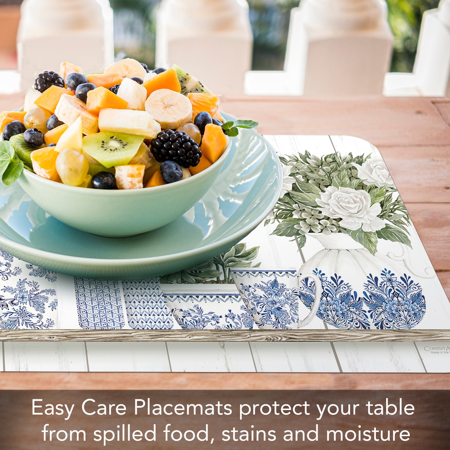 CounterArt Blue & White Pottery 4 Pack Reversible Easy Care Flexible Placemats Made in the USA