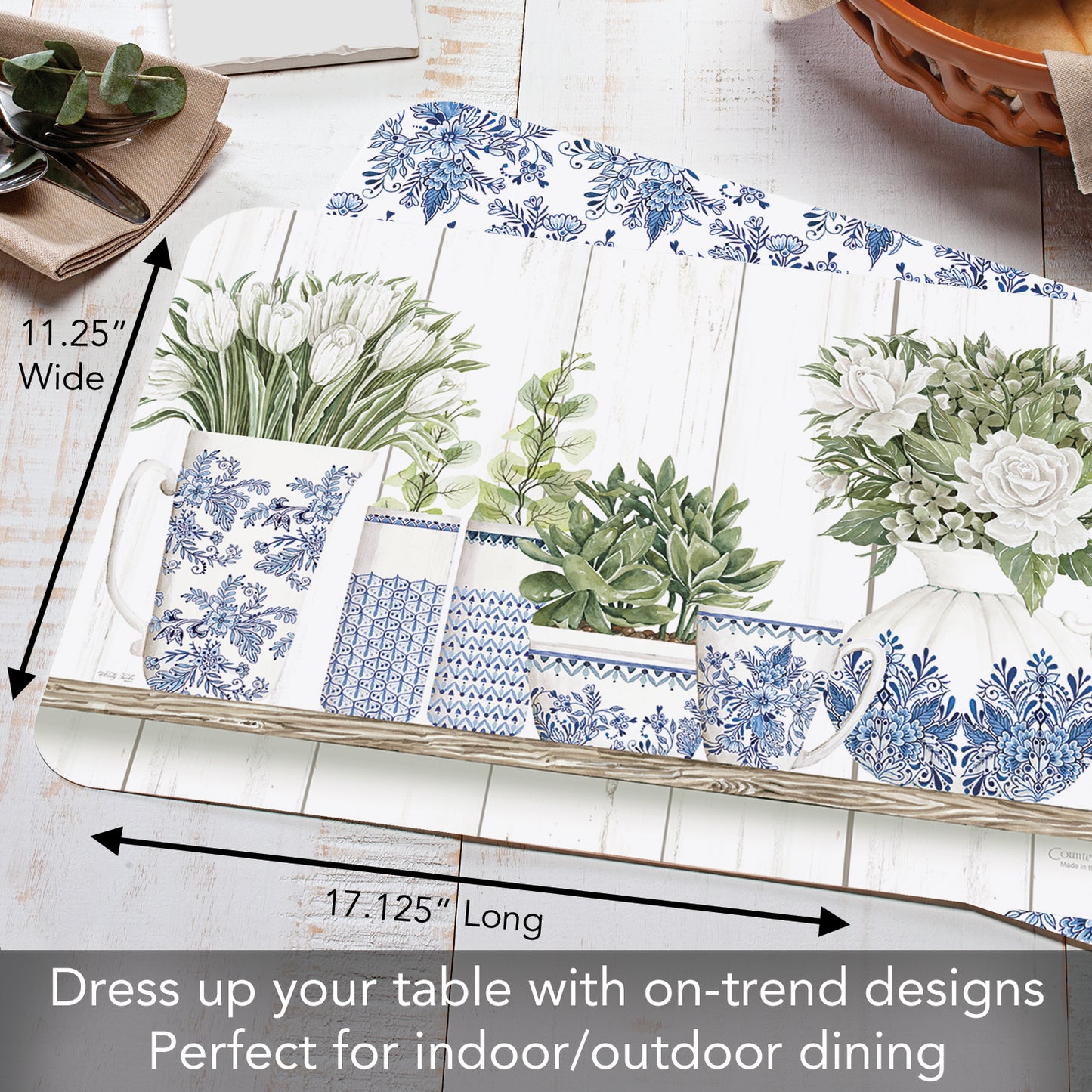 CounterArt Blue & White Pottery 4 Pack Reversible Easy Care Flexible Placemats Made in the USA