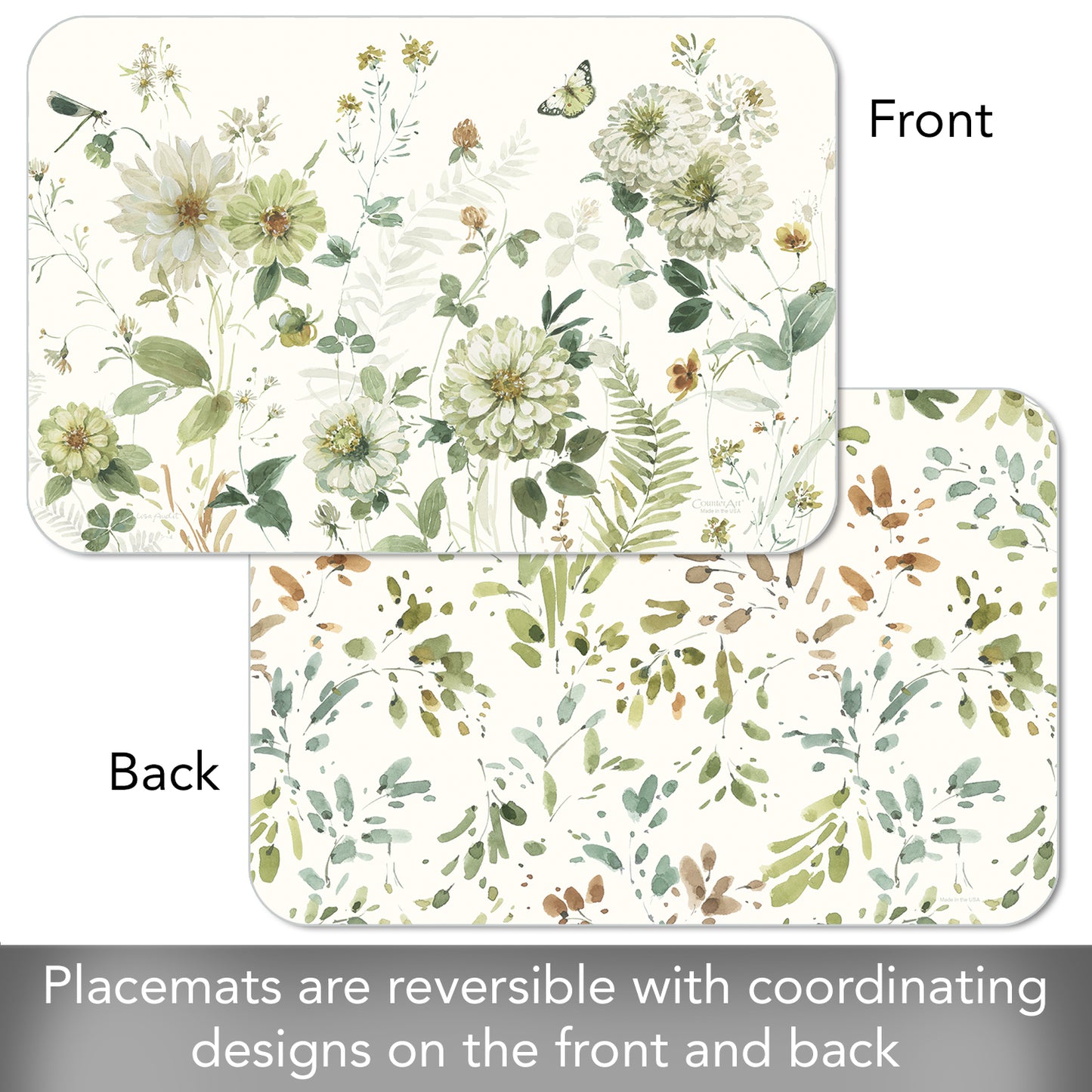 CounterArt Green Fields 4 Pack Reversible Easy Care Flexible Placemats Made in the USA