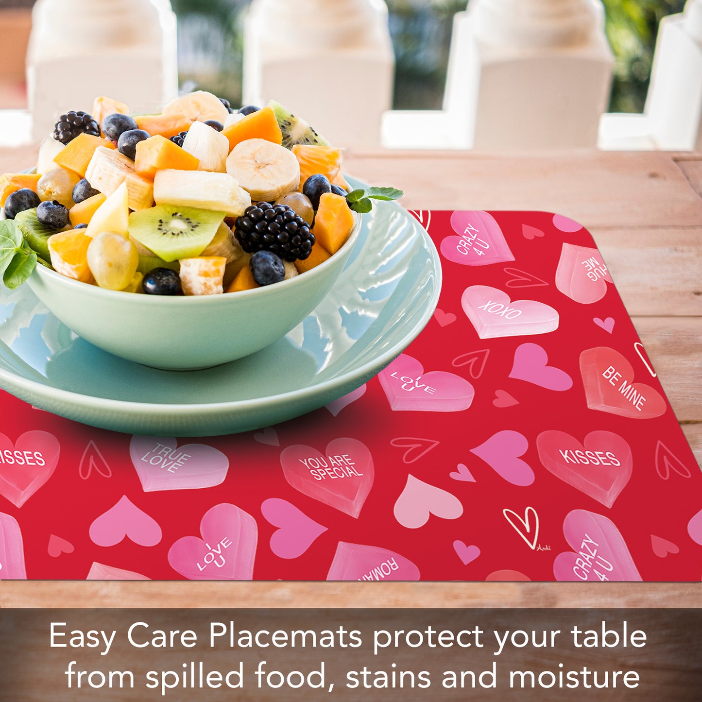 CounterArt Candy Hearts 4 Pack Easy Care Flexible Plastic Placemat Made in The USA BPA Free, Easily Wipes Clean