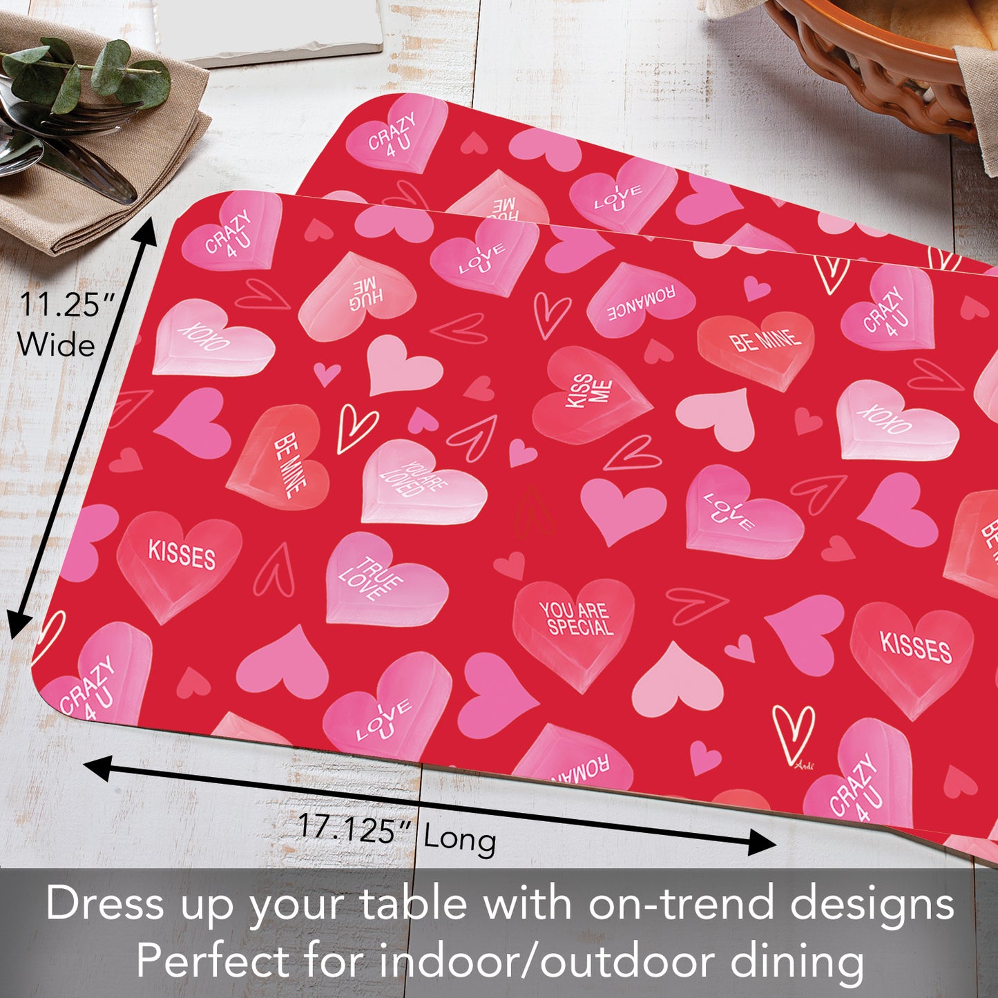 CounterArt Candy Hearts 4 Pack Easy Care Flexible Plastic Placemat Made in The USA BPA Free, Easily Wipes Clean