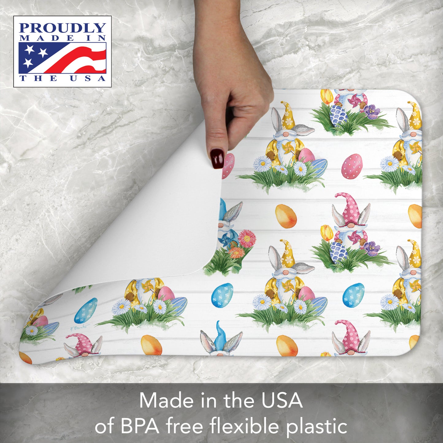 CounterArt Easter Gnomes 4 Pack Easy Care Flexible Plastic Placemats Made in The USA BPA Free, Easily Wipes Clean