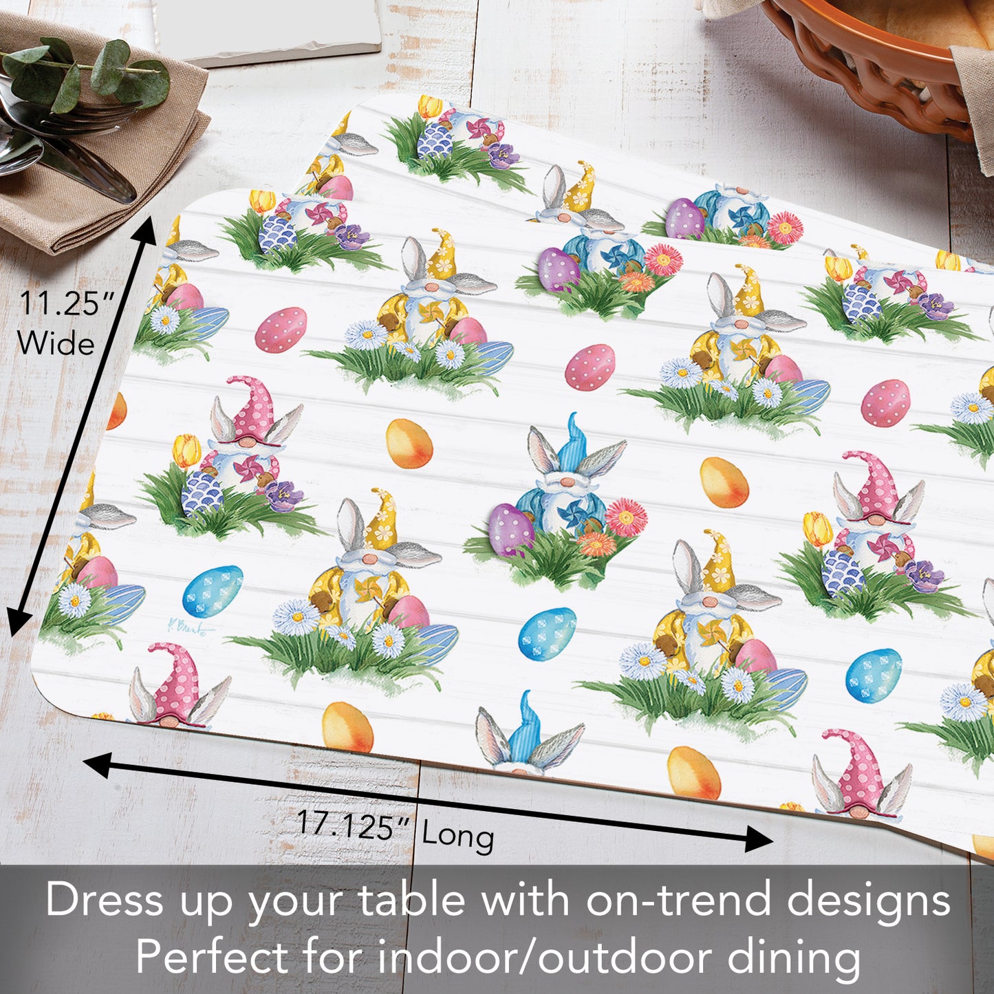 CounterArt Easter Gnomes 4 Pack Easy Care Flexible Plastic Placemats Made in The USA BPA Free, Easily Wipes Clean