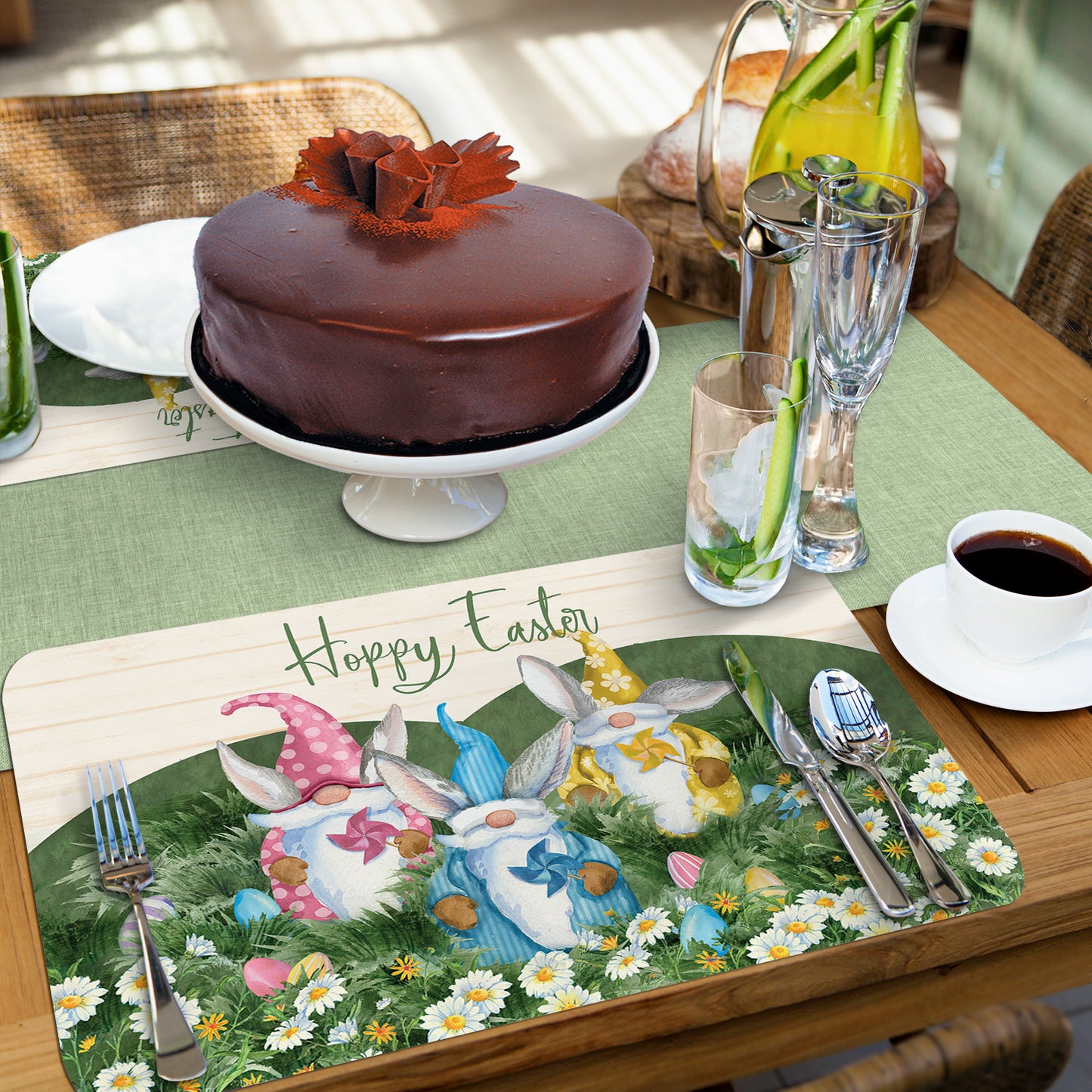 CounterArt Hoppy Easter Gnomes 4 Pack Easy Care Flexible Plastic Placemat Made in The USA BPA Free, Easily Wipes Clean