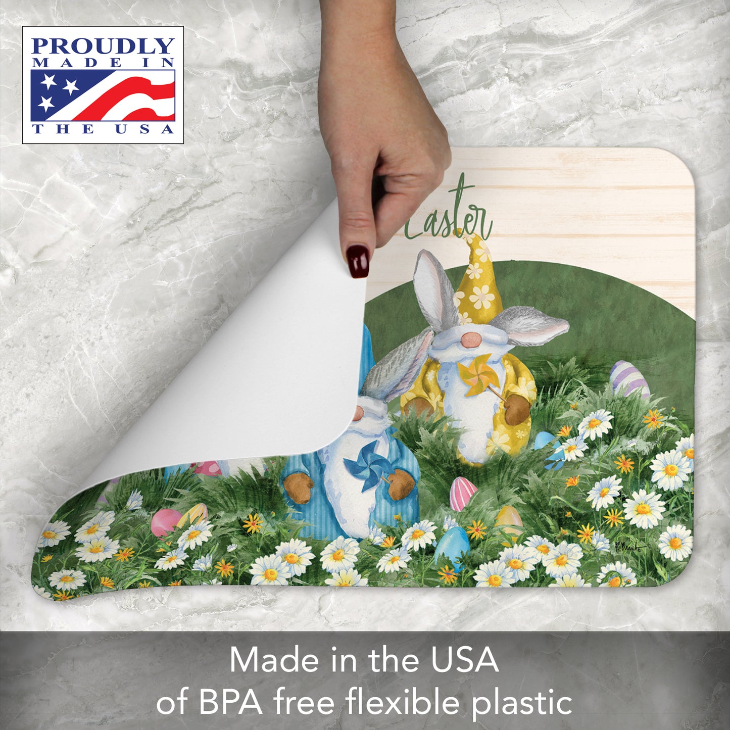 CounterArt Hoppy Easter Gnomes 4 Pack Easy Care Flexible Plastic Placemat Made in The USA BPA Free, Easily Wipes Clean