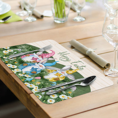 CounterArt Hoppy Easter Gnomes 4 Pack Easy Care Flexible Plastic Placemat Made in The USA BPA Free, Easily Wipes Clean