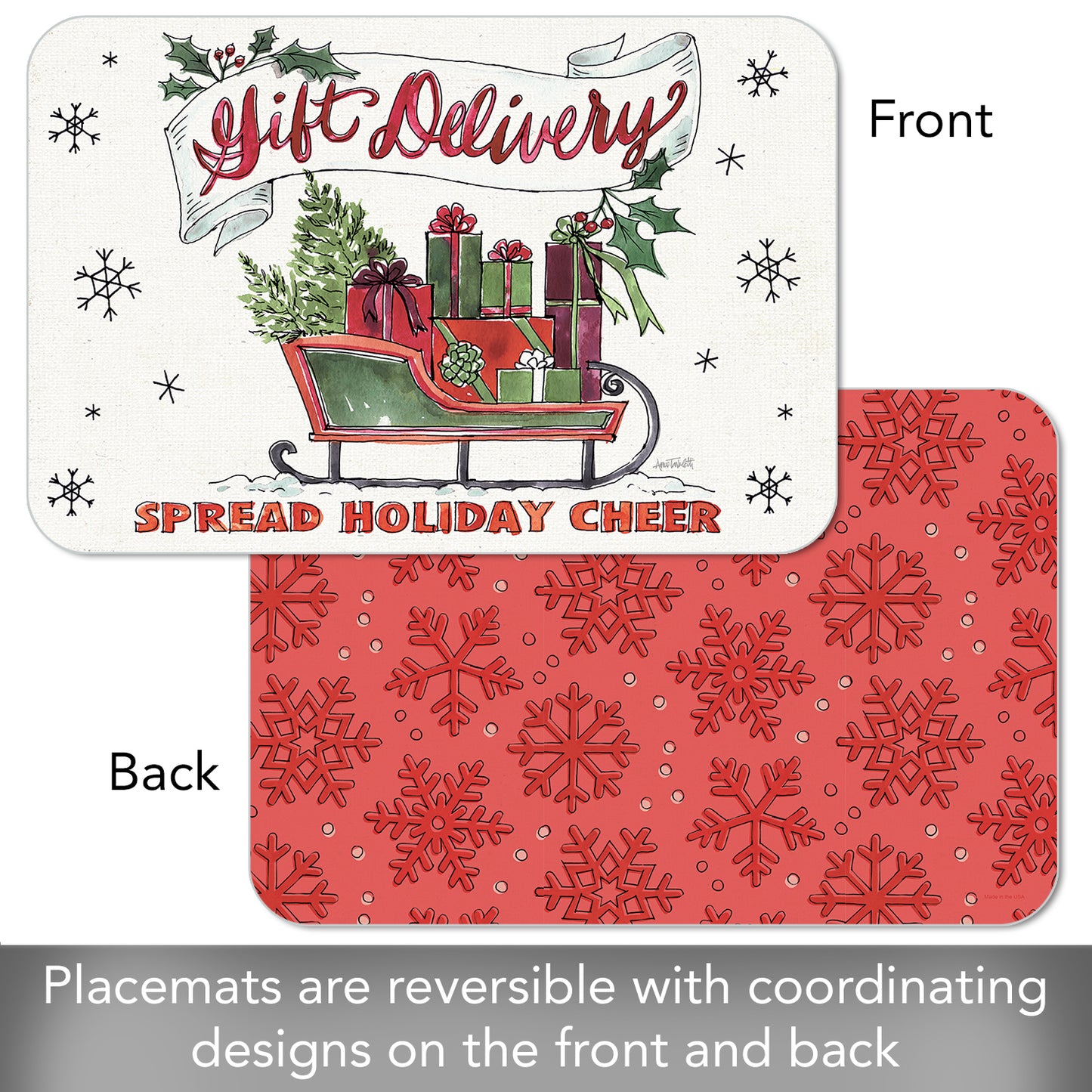CounterArt Holiday Delivery 4 Pack Reversible Easy Care Flexible Plastic Placemats Made in the USA