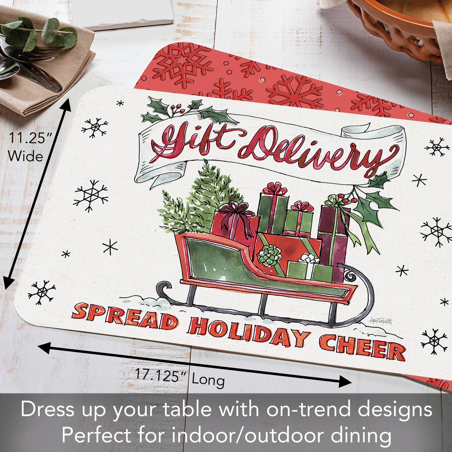 CounterArt Holiday Delivery 4 Pack Reversible Easy Care Flexible Plastic Placemats Made in the USA