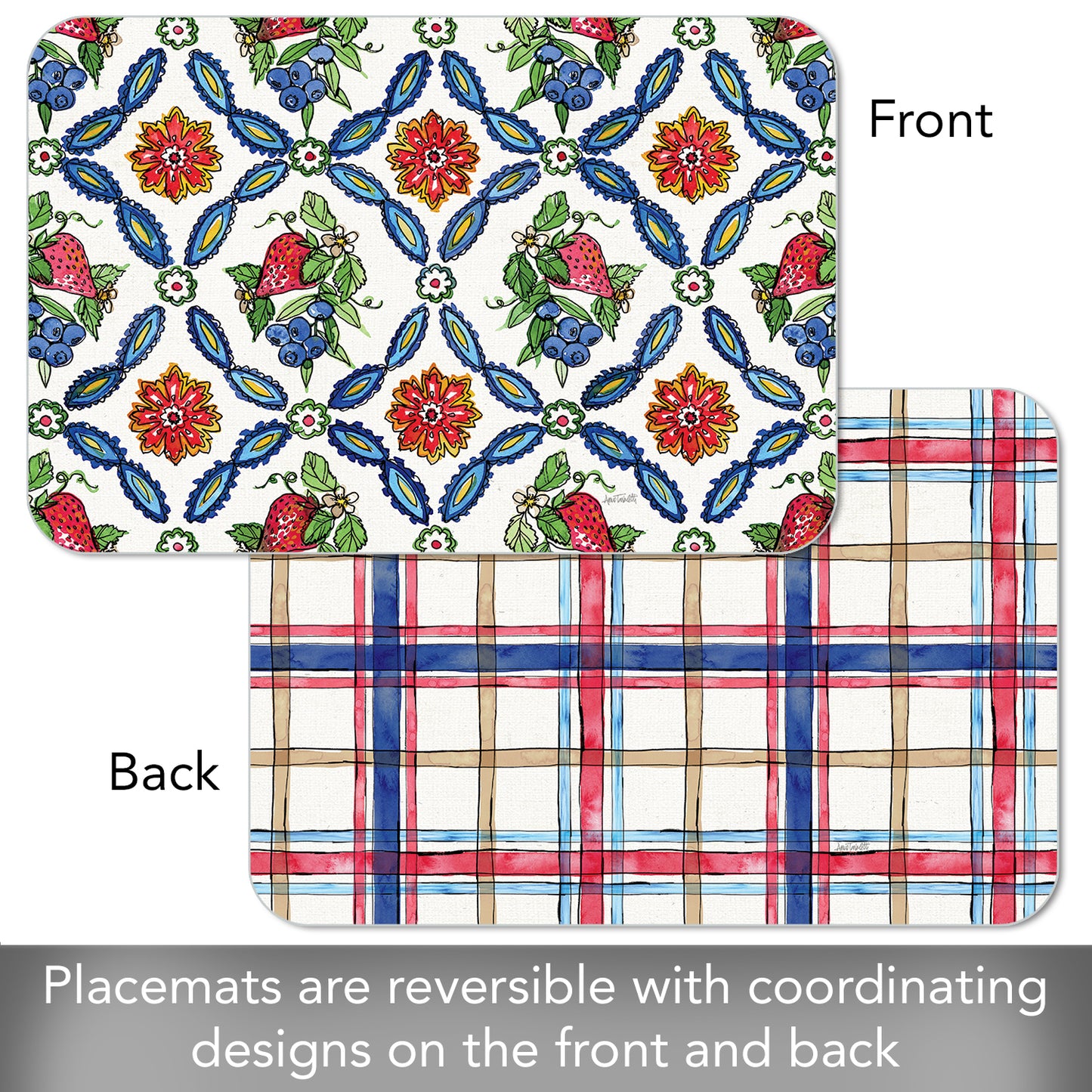 CounterArt Strawberry Garden 4 Pack Reversible Easy Care Flexible Placemats Made in the USA