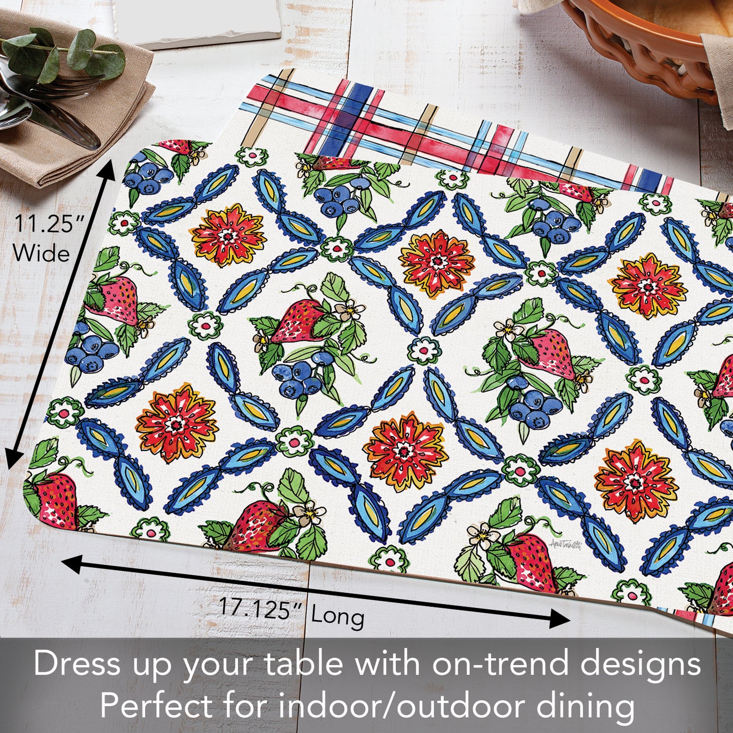 CounterArt Strawberry Garden 4 Pack Reversible Easy Care Flexible Placemats Made in the USA