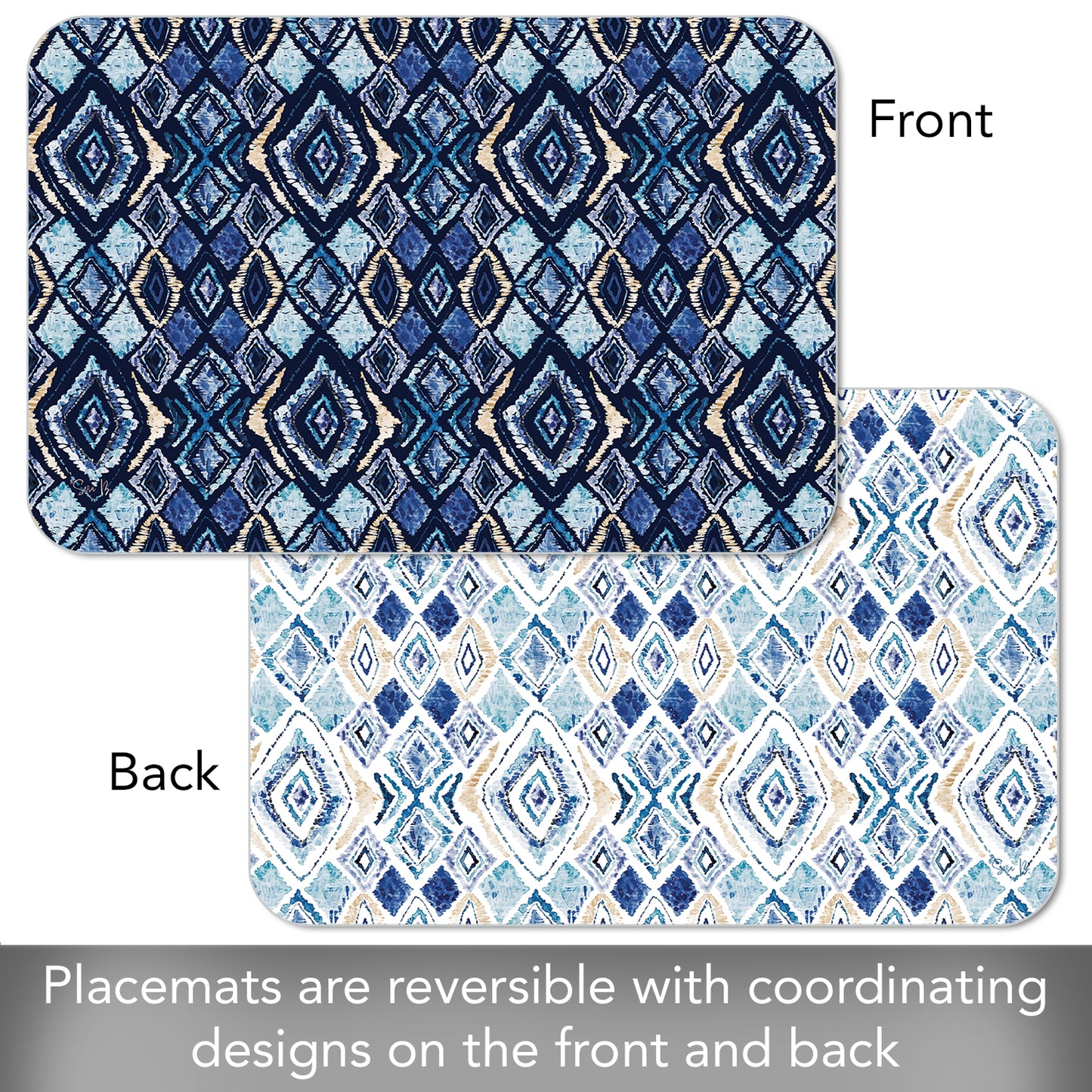 CounterArt Paloma Indigo 4 Pack Reversible Easy Care Flexible Placemats Made in the USA