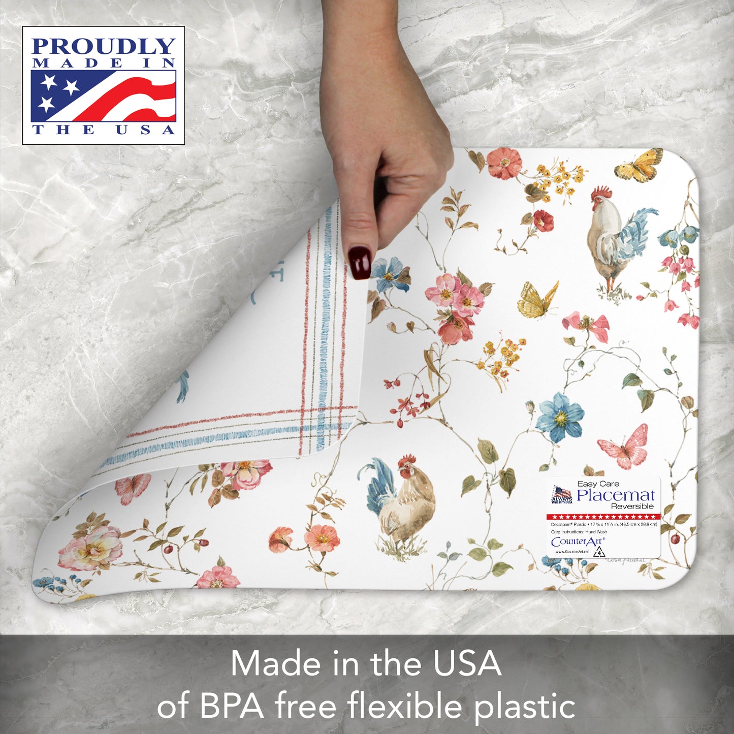 CounterArt Countryside Roosters 4 Pack Reversible Easy Care Flexible Placemats Made in the USA