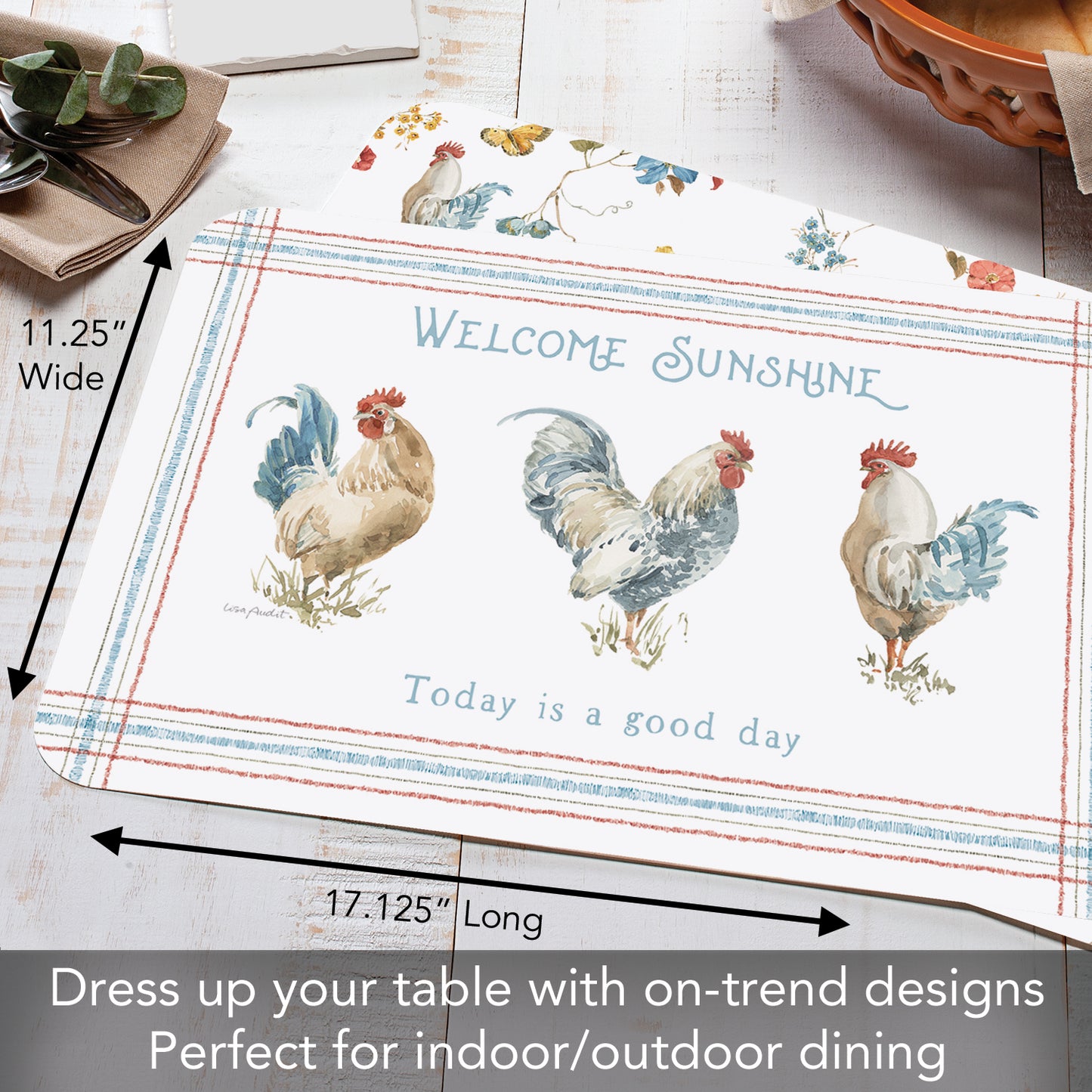 CounterArt Countryside Roosters 4 Pack Reversible Easy Care Flexible Placemats Made in the USA