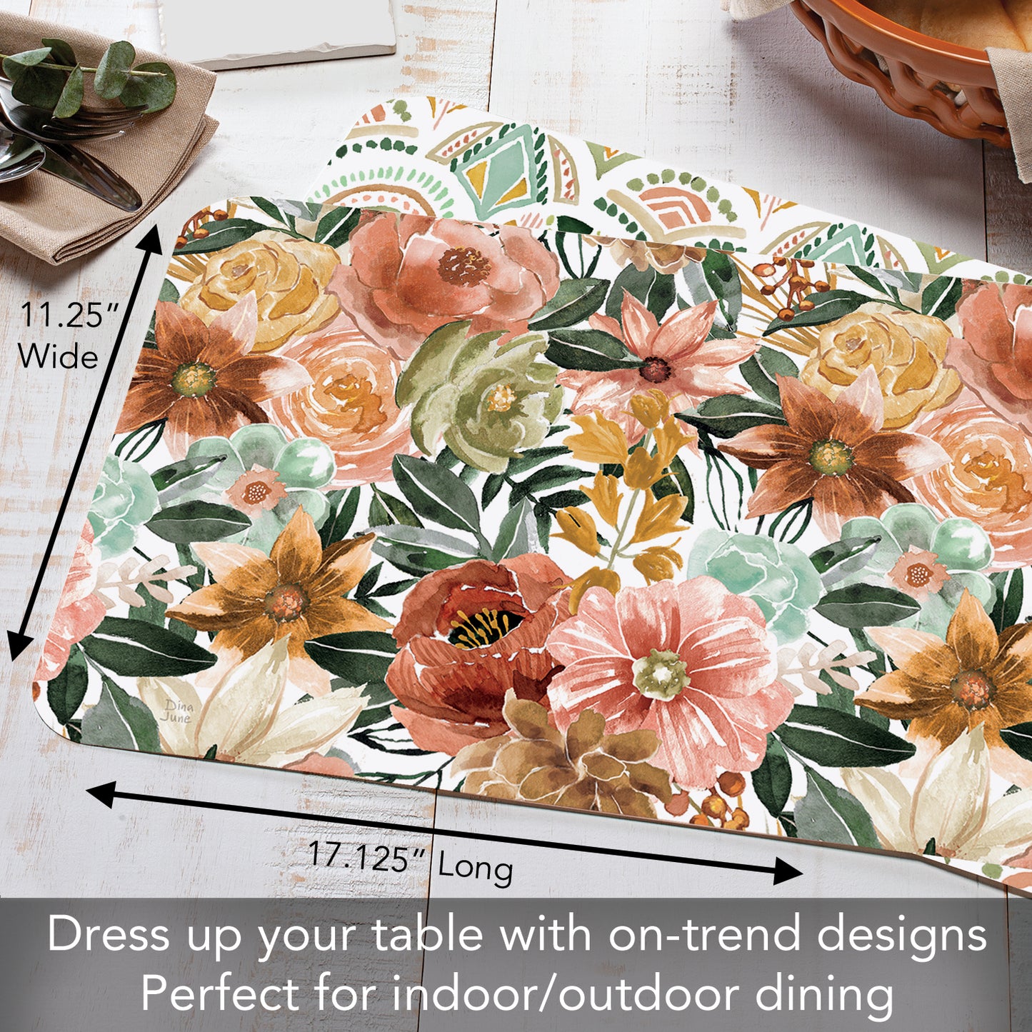 CounterArt Floral Chic 4 Pack Reversible Easy Care Flexible Placemats Made in the USA