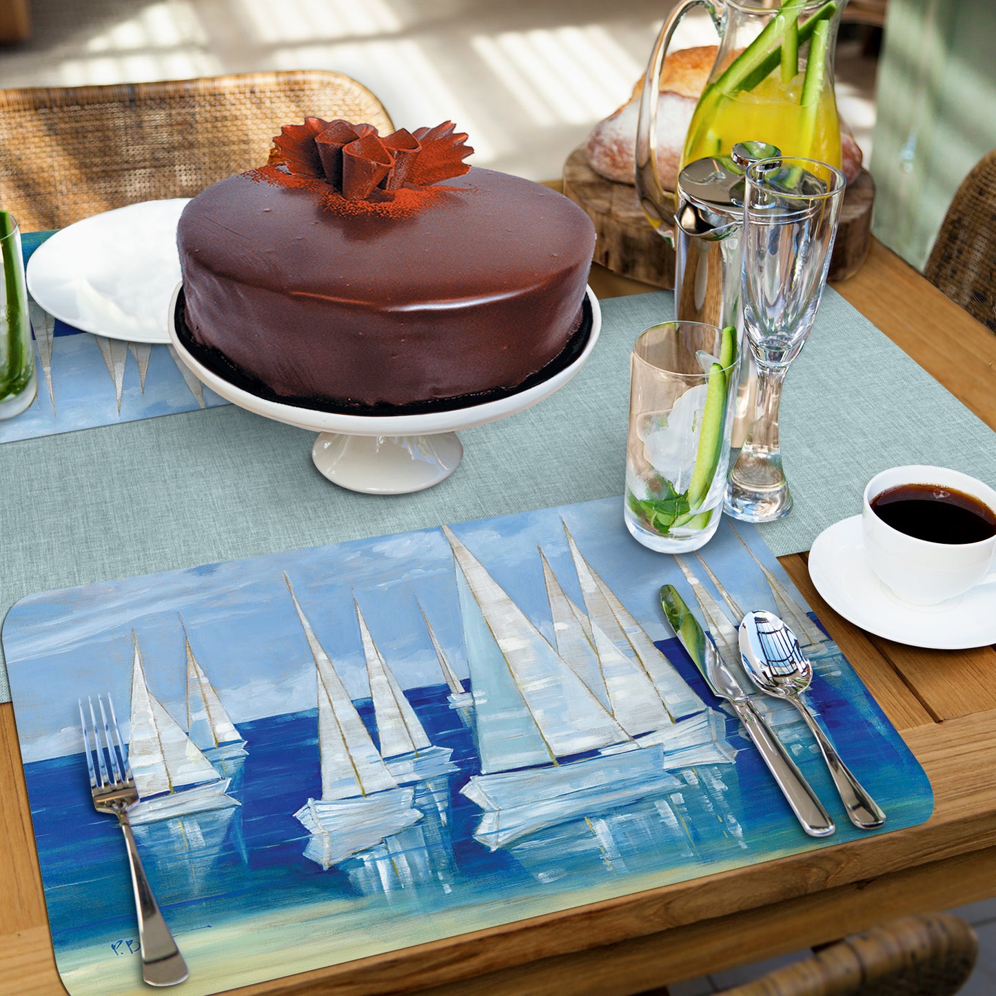 CounterArt Blanco Beach Sailboats 4 Pack Reversible Easy Care Flexible Placemats Made in the USA