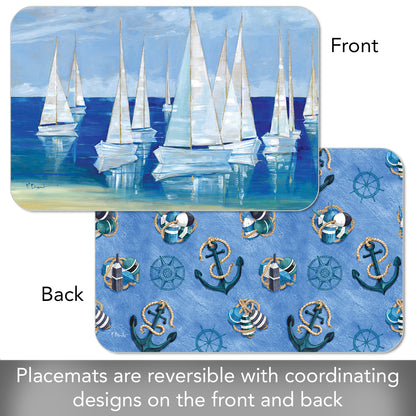 CounterArt Blanco Beach Sailboats 4 Pack Reversible Easy Care Flexible Placemats Made in the USA