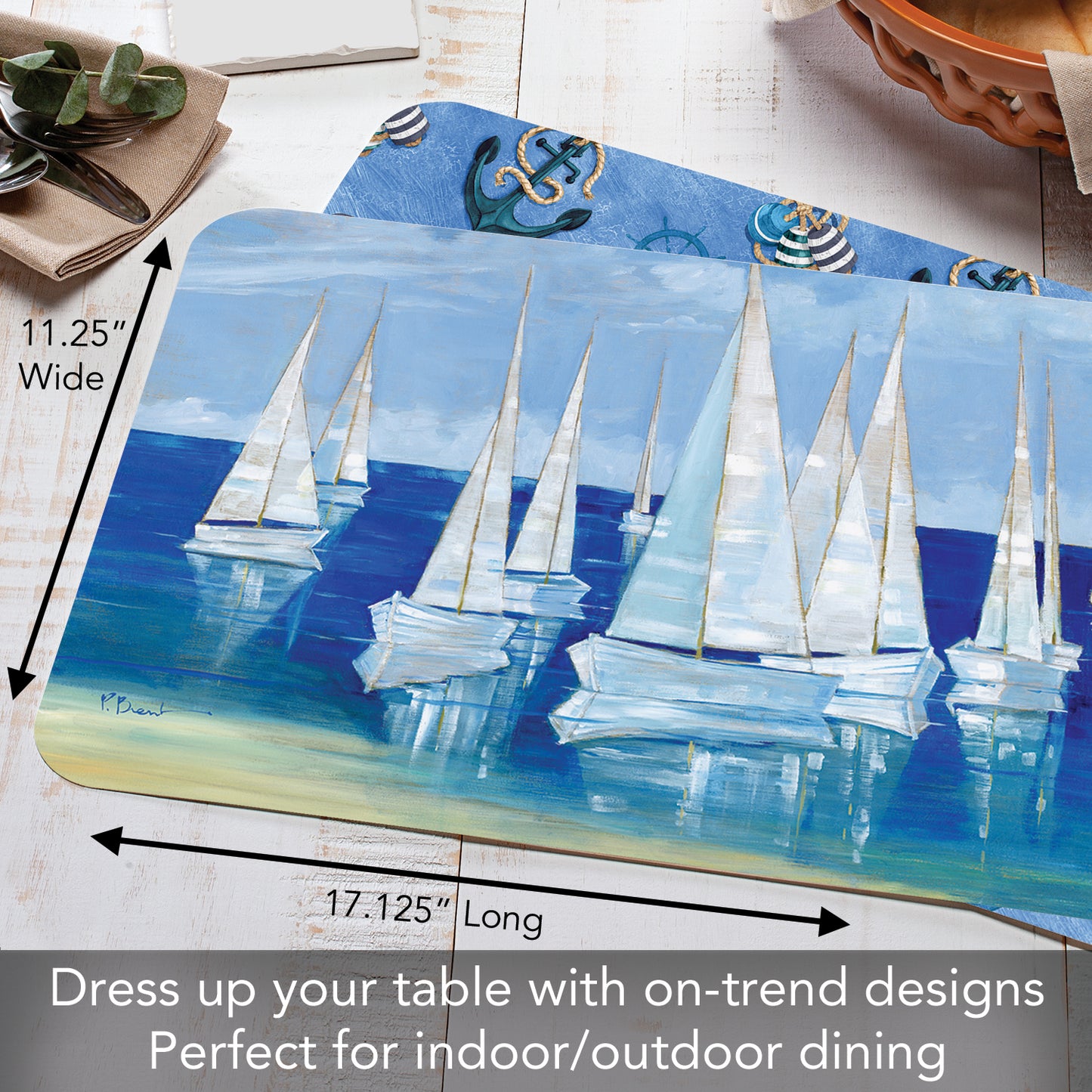 CounterArt Blanco Beach Sailboats 4 Pack Reversible Easy Care Flexible Placemats Made in the USA
