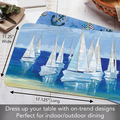 CounterArt Blanco Beach Sailboats 4 Pack Reversible Easy Care Flexible Placemats Made in the USA