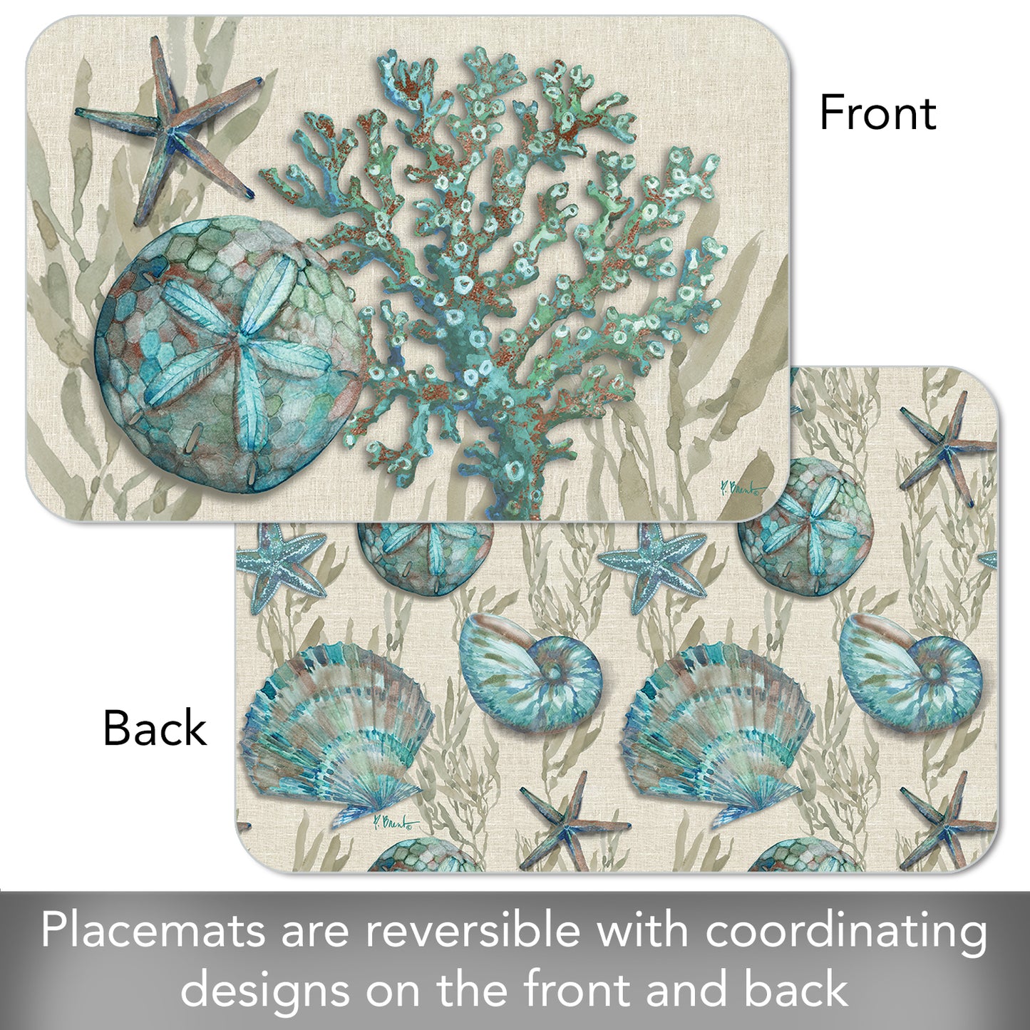 CounterArt Beach Shells 4 Pack Reversible Easy Care Flexible Placemats Made in the USA