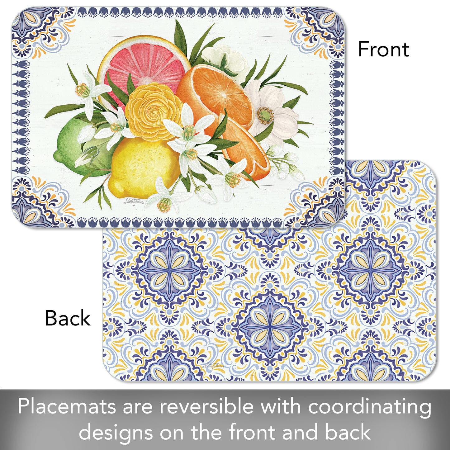 CounterArt Mediterranean Citrus 4 Pack Reversible Easy Care Flexible Placemats Made in the USA