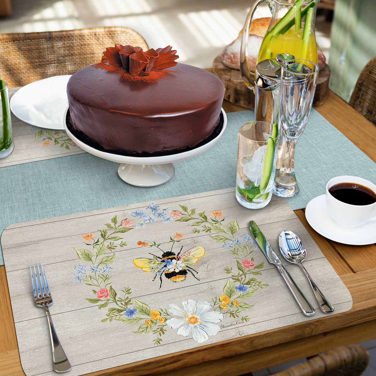CounterArt Floral Bee 4 Pack Reversible Easy Care Flexible Placemats Made in the USA
