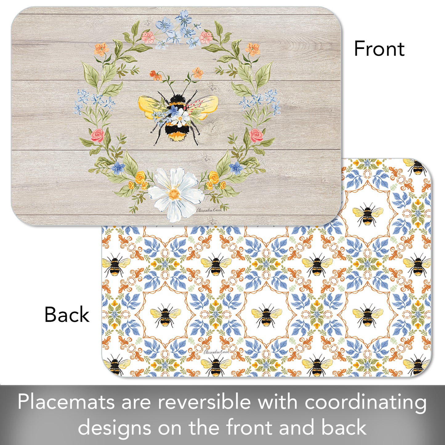 CounterArt Floral Bee 4 Pack Reversible Easy Care Flexible Placemats Made in the USA