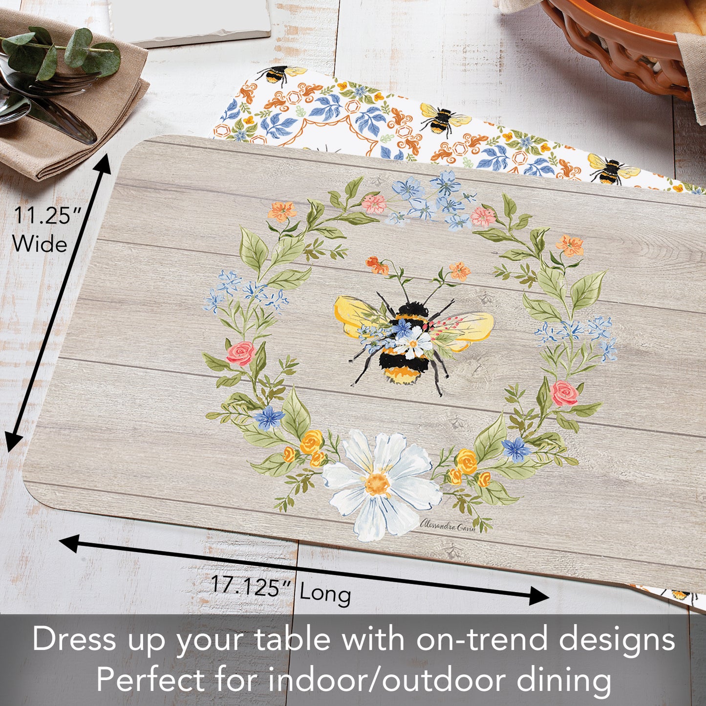 CounterArt Floral Bee 4 Pack Reversible Easy Care Flexible Placemats Made in the USA