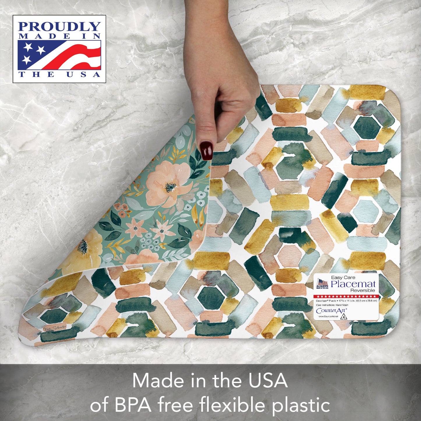 CounterArt Modern Floral 4 Pack Reversible Easy Care Flexible Placemats Made in the USA