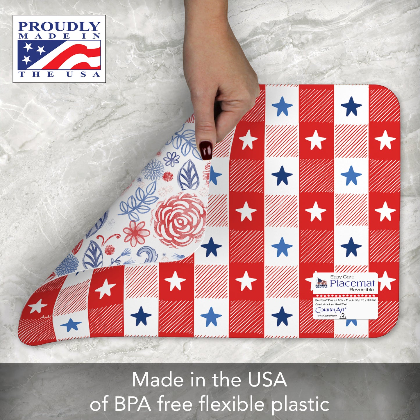 CounterArt Patrioitic Picnic 4 Pack Reversible Easy Care Flexible Placemats Made in the USA