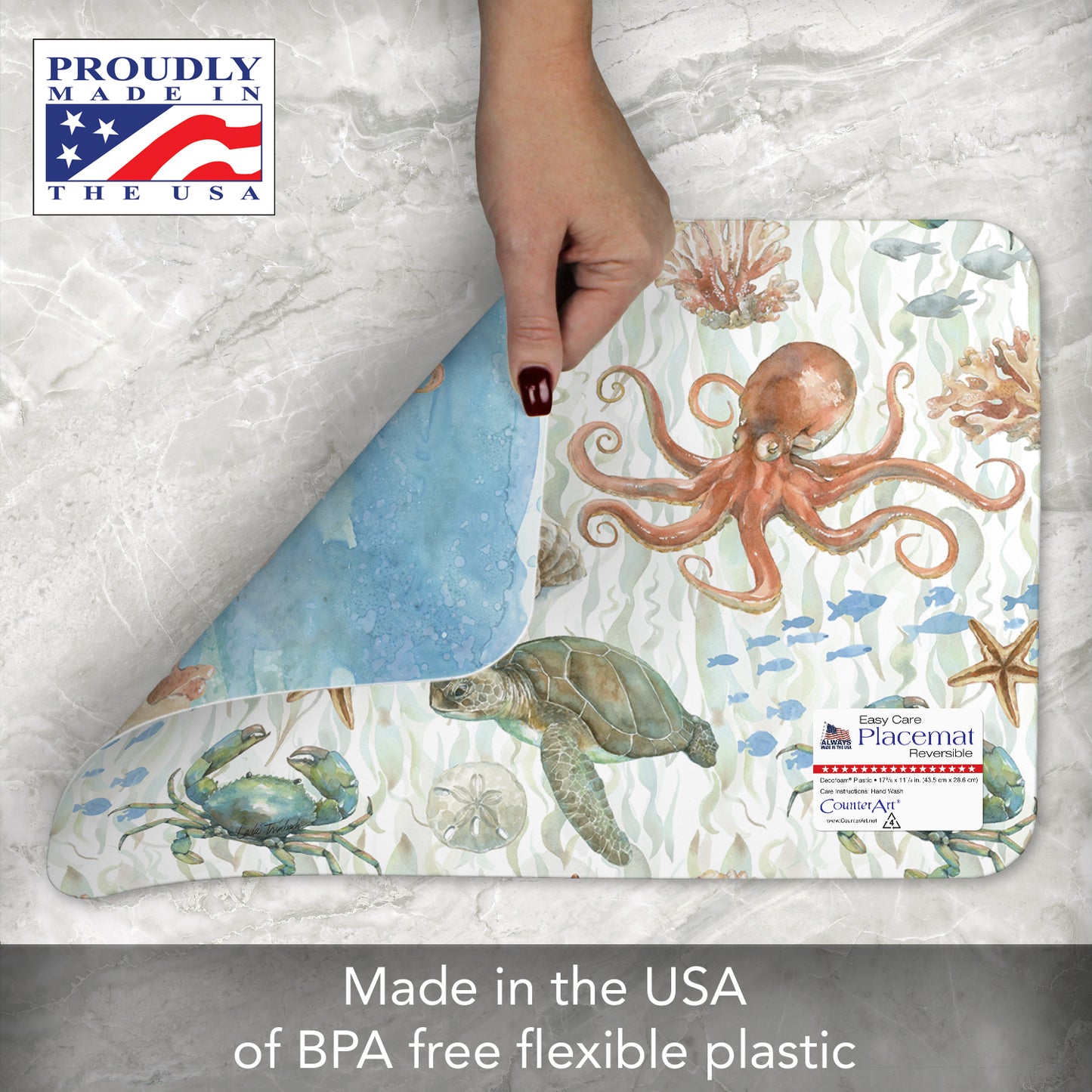 CounterArt Sea Life Octopus 4 Pack Reversible Easy Care Flexible Placemats Made in the USA