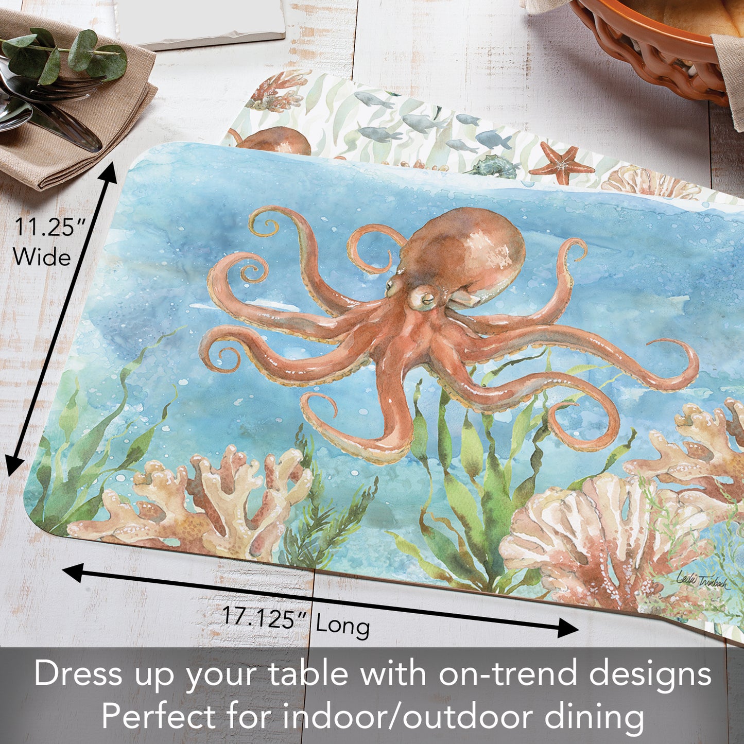 CounterArt Sea Life Octopus 4 Pack Reversible Easy Care Flexible Placemats Made in the USA