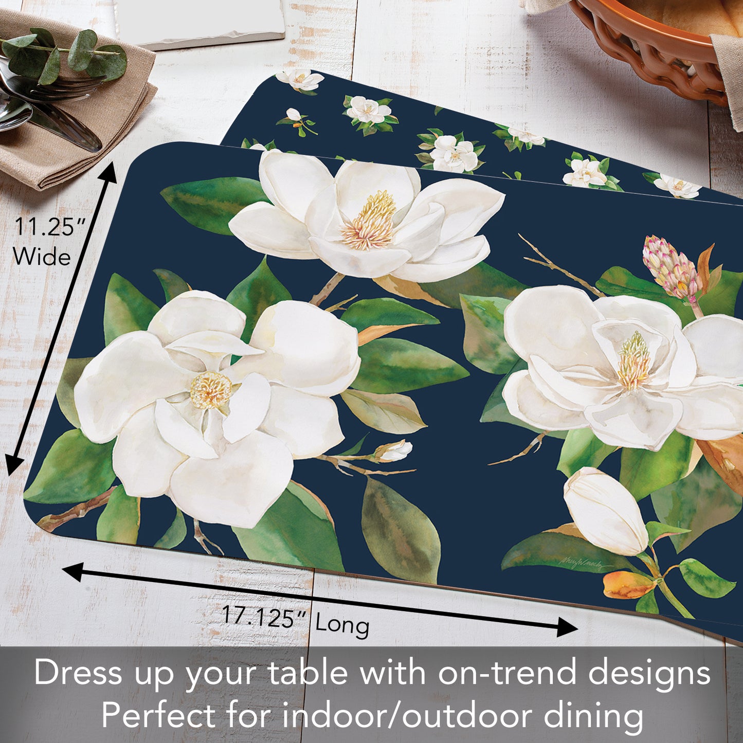 CounterArt Magnolia in Bloom 4 Pack Reversible Easy Care Flexible Placemats Made in the USA
