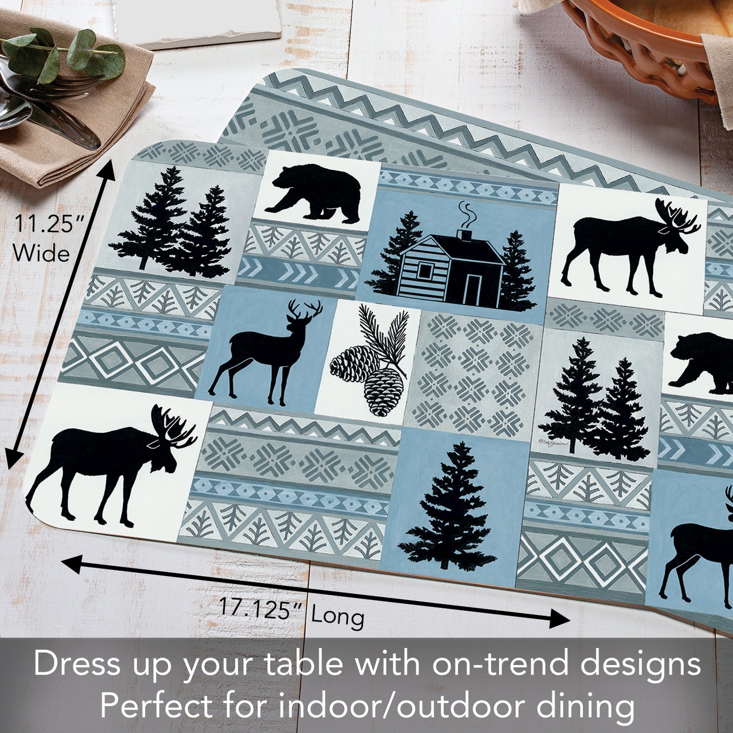 CounterArt Cabin in the Woods 4 Pack Reversible Easy Care Flexible Placemats Made in the USA