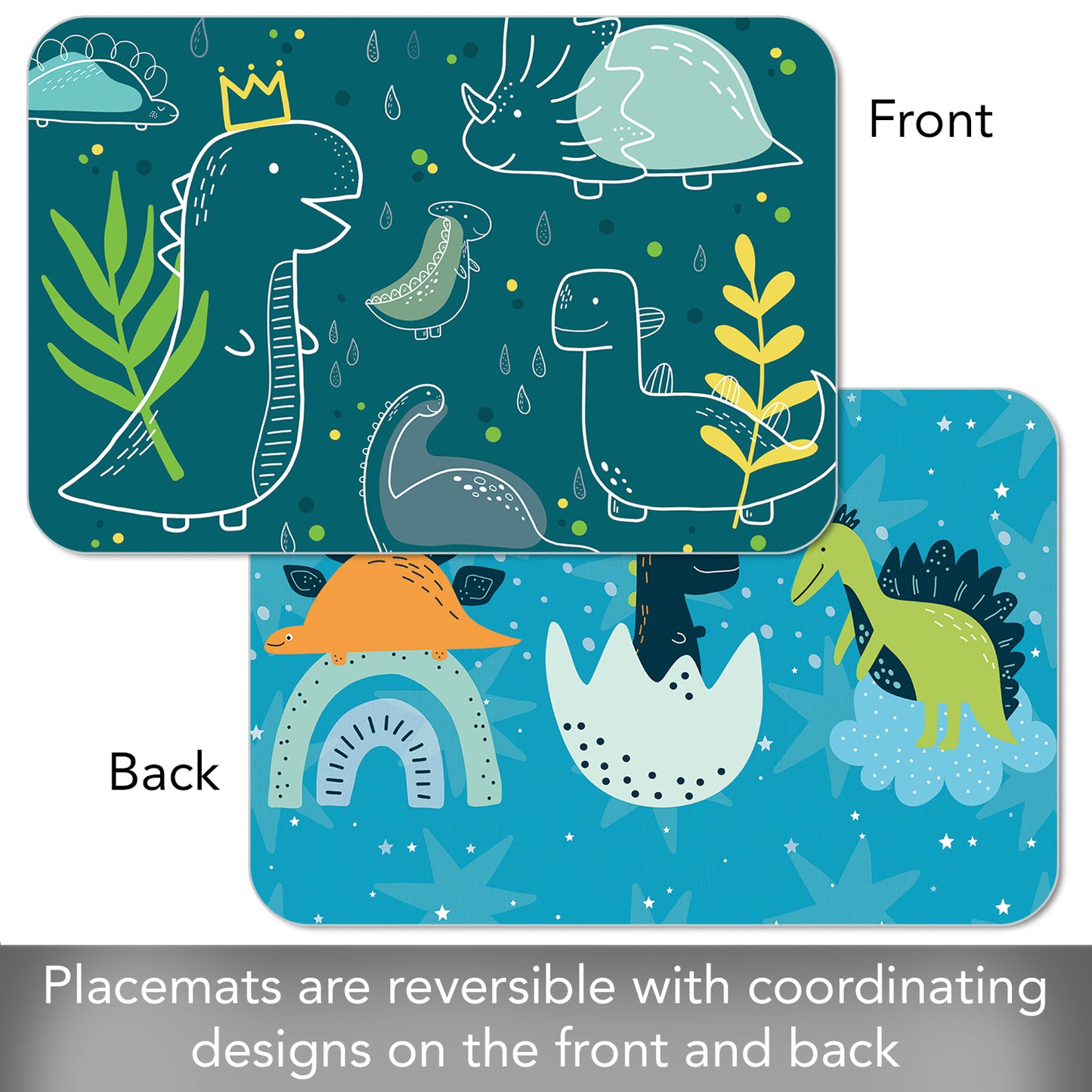 CounterArt 4 Pack Kids Dinosaur Reversible Easy Care Flexible Placemats Made in the USA